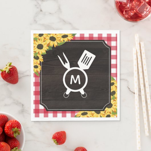 Red Gingham & Sunflowers Rustische Mit Monogramm G Serviette (Beispiel)