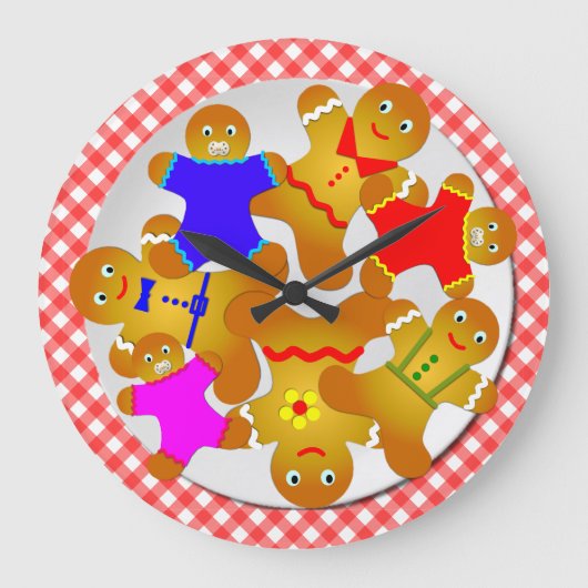 Red Gingham Tablecloth Plate of Gingerbread Men Große Wanduhr (Vorderseite)