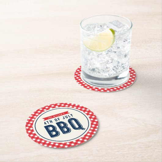 Red Gingham und Blue Amerikanische Unabhängigkeits Runder Pappuntersetzer (Vor Ort)