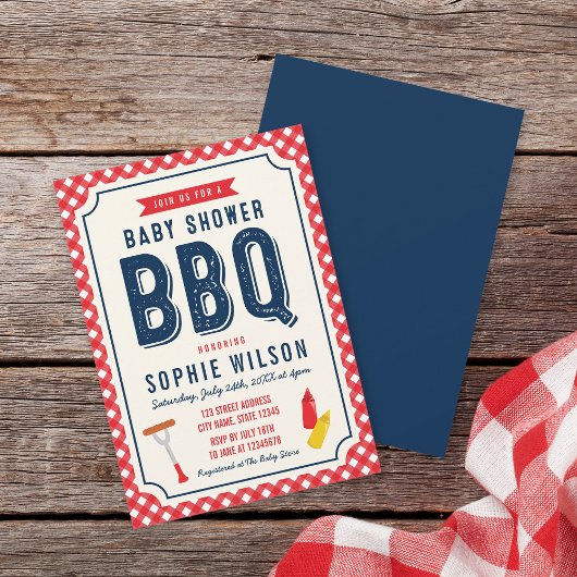 Red Gingham und Blue Baby Shower GRILLEN Einladung