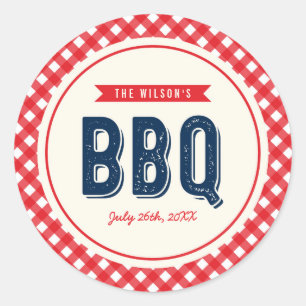 Red Gingham und Blue GRILLEN Party Runder Aufkleber