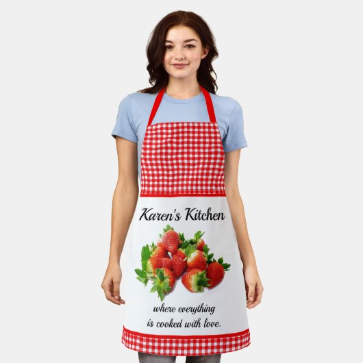 Red Gingham und Strawberries Personalisiert Schürze (Getragen)