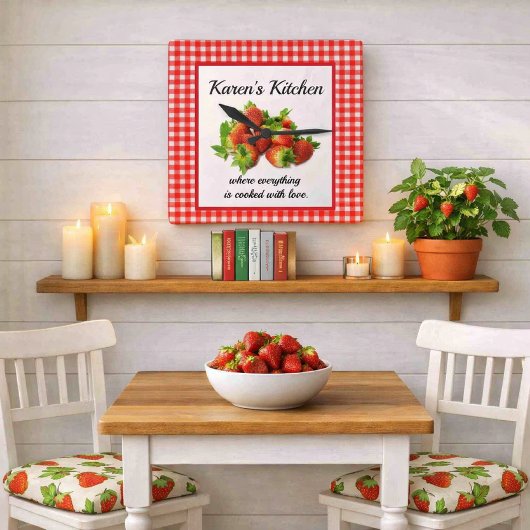 Red Gingham und Strawberries Wall Clock Quadratische Wanduhr