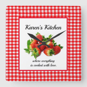Red Gingham und Strawberries Wall Clock Quadratische Wanduhr