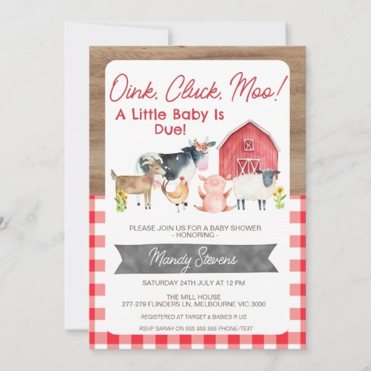 Red Gingham und Wood Baby Dusche Farm Einladung (Vorderseite)