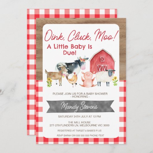 Red Gingham und Wood Baby Dusche Farm Einladung (Vorne/Hinten)