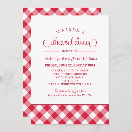 Red Gingham Wedding Probe Dinner Einladung (Vorne/Hinten)