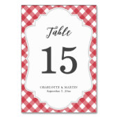 Red Gingham Wedding Tischnummer Card (Vorderseite)