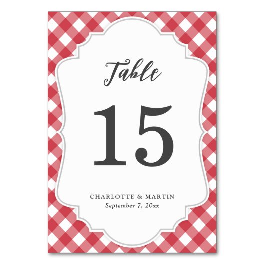 Red Gingham Wedding Tischnummer Card (Vorderseite)