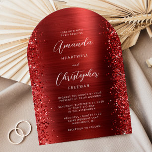 Red Glam Brushed Metal Arch Wedding Einladung