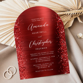 Red Glam Brushed Metal Arch Wedding Einladung