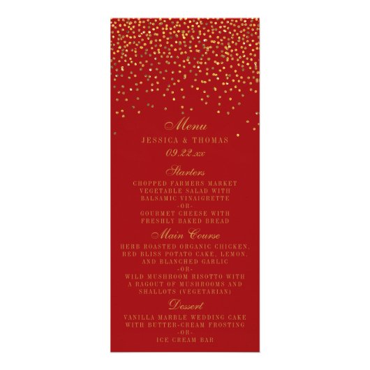 Red & Glam Gold Confetti Wedding Menü (Vorne)