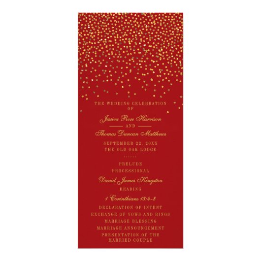 Red & Glam Gold Confetti Wedding Program Werbekarte (Vorne)