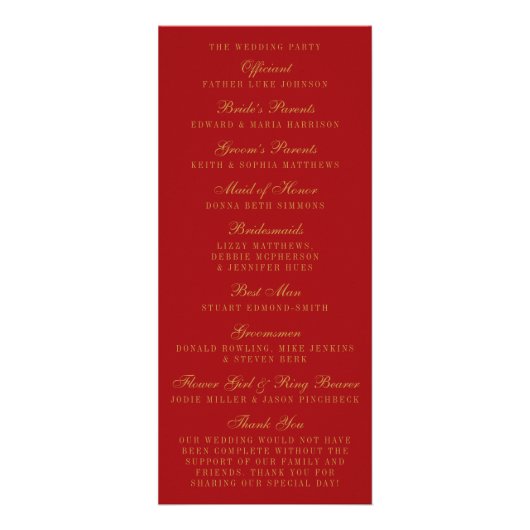 Red & Glam Gold Confetti Wedding Program Werbekarte (Hinten)