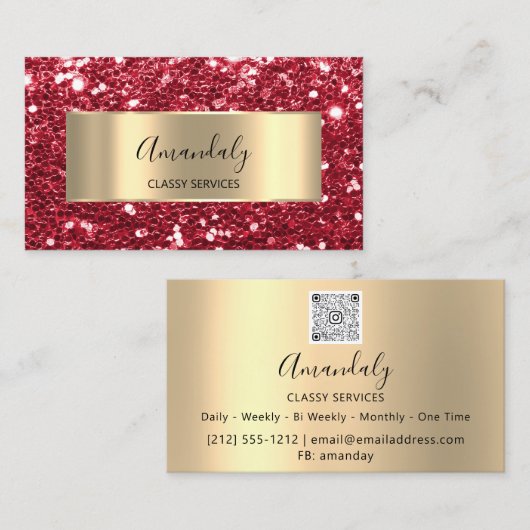 Red Glam Gold Frame Chunky Glitzer QR Code Logo Visitenkarte (Vorne/Hinten)