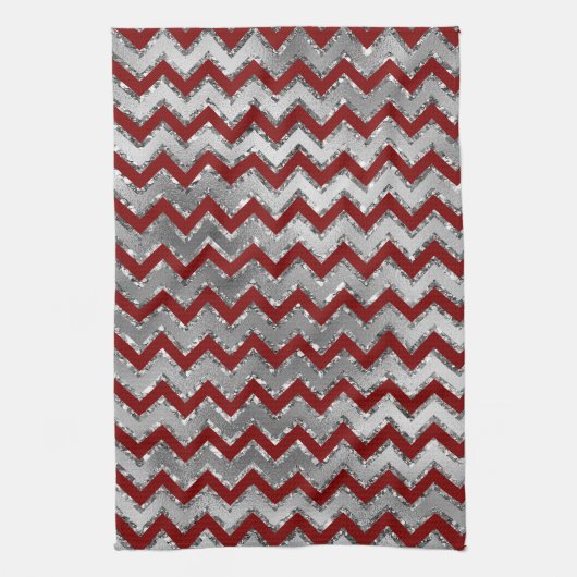Red Glam Silver White Zigzag Streifen Geschirrtuch (Vertikal)