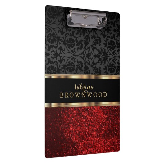 Red Glitter and Black Damask Klemmbrett (Rechts)