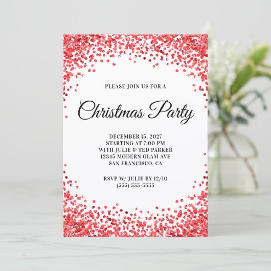 Red Glitter Border White Christmas Party Einladung (Stehend Vorderseite)