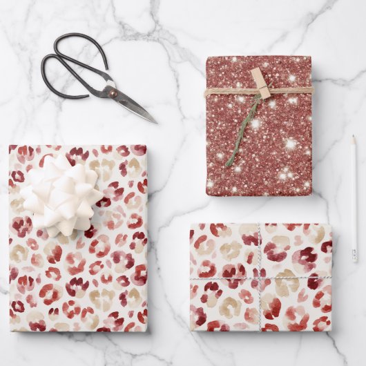 Red Glitter Cream Leopard Animal Print Birthday Geschenkpapier Set (Vorderseite)