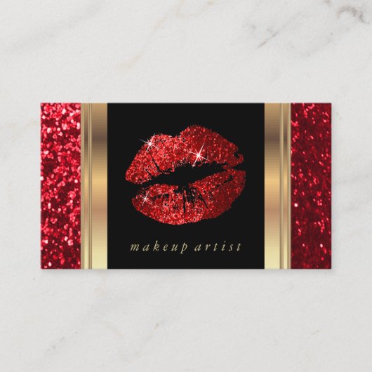 Red Glitter Lips and Elegant Gold Visitenkarte (Vorderseite)