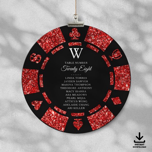 Red Glitter Monogram Poker Chip Casino Wedding Einladung