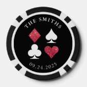 Red Glitzer Card Anzug Hochzeitdatum und -name Pokerchips (Rückseite)