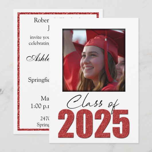 Red Glitzer Class of 2025 Foto Open House Einladung (Vorne/Hinten)