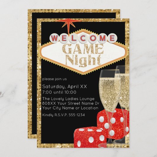 Red Glitzer Dice & Champagne Black Game Night Einladung (Vorne/Hinten)
