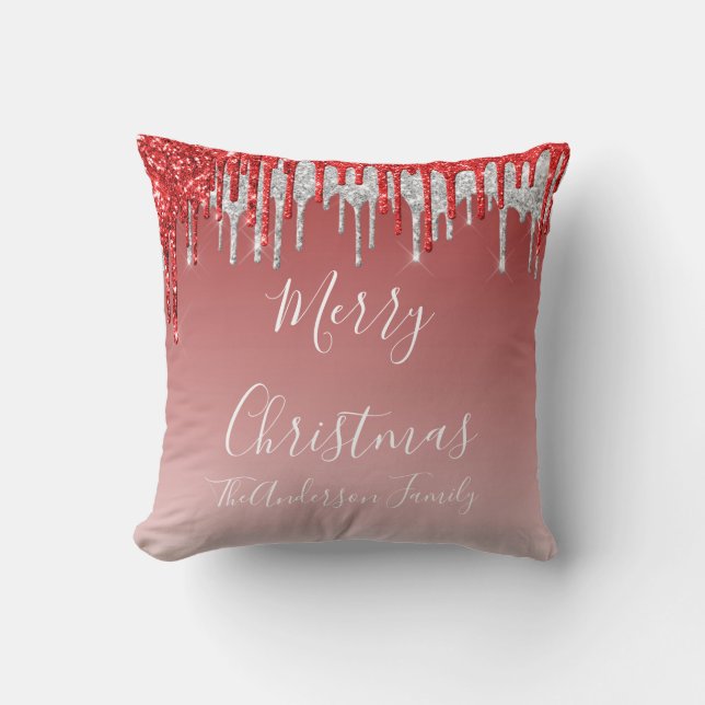 Red Glitzer Dripping Monogram Frohe Weihnachten Kissen (Vorderseite)