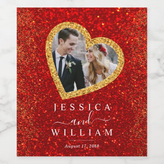 Red Glitzer Gold Heart Custom Wedding Foto Weinetikett (Einzelnes Label)