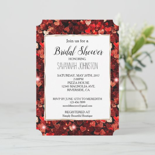 Red Glitzer Hearts Einladung (Stehend Vorderseite)