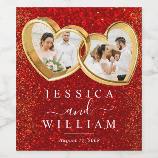 Red Glitzer Hearts Foto Custom Wedding Weinetikett (Einzelnes Label)
