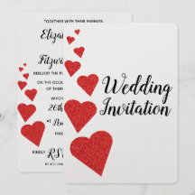 Red Glitzer Hearts Wedding Einladung