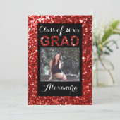 Red Glitzer Look 1 Foto Abschluss Einladung (Stehend Vorderseite)