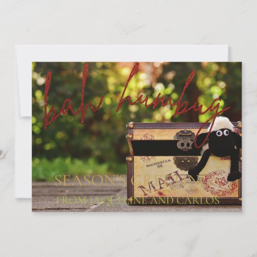 Red Glitzer Script Bah Humbug Weihnachtsfotokarte (Vorderseite)