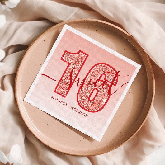 Red Glitzer Script Sweet 16 Birthday Serviette
