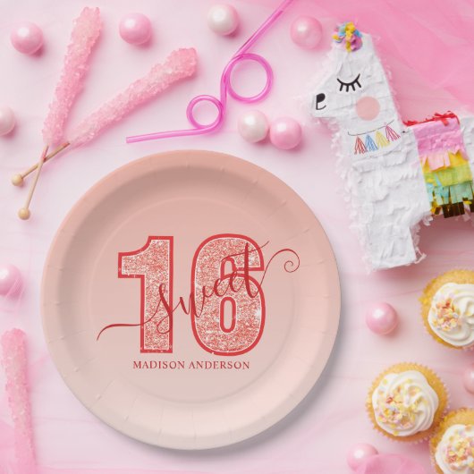 Red Glitzer Script Sweet 16 Pappteller (Party)