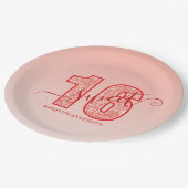 Red Glitzer Script Sweet 16 Pappteller (Schrägansicht)