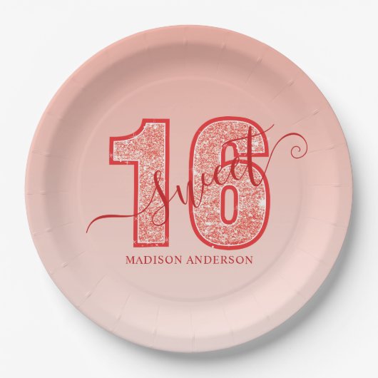 Red Glitzer Script Sweet 16 Pappteller (Vorderseite)