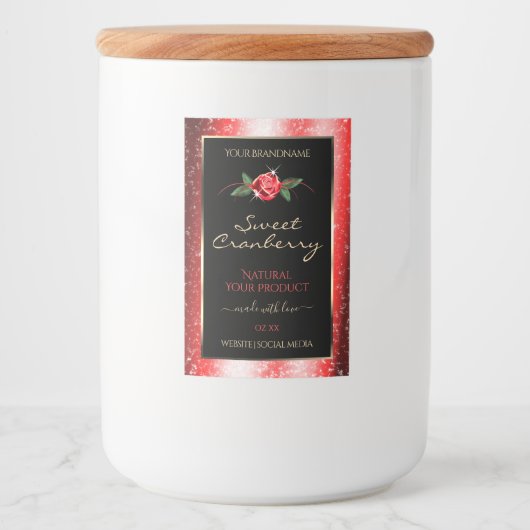 Red Glitzer Stars Black Product Labels Rose Blume Lebensmitteletikett (Vorderseite)