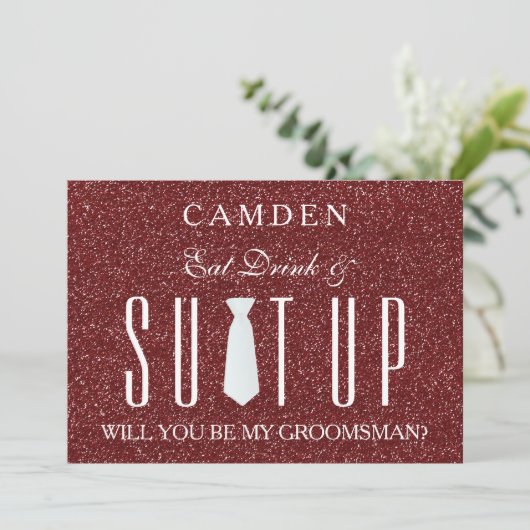 Red Glitzer Suitup Werden Sie mein Trauzeuge Einladung (Stehend Vorderseite)
