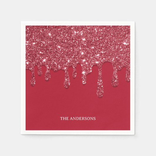 Red Glitzer Tropfen Holiday Name Paper Serviette (Vorderseite)