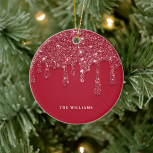 Red Glitzer Tropfen Individuelle Name Keramik Ornament