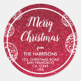 Red Glitzer White Christmas Baubles Adresse Runder Aufkleber