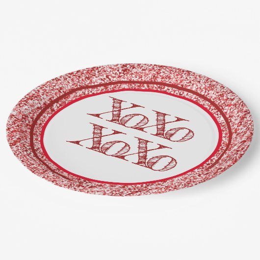 Red Glitzer XOXO Pappteller (Schrägansicht)