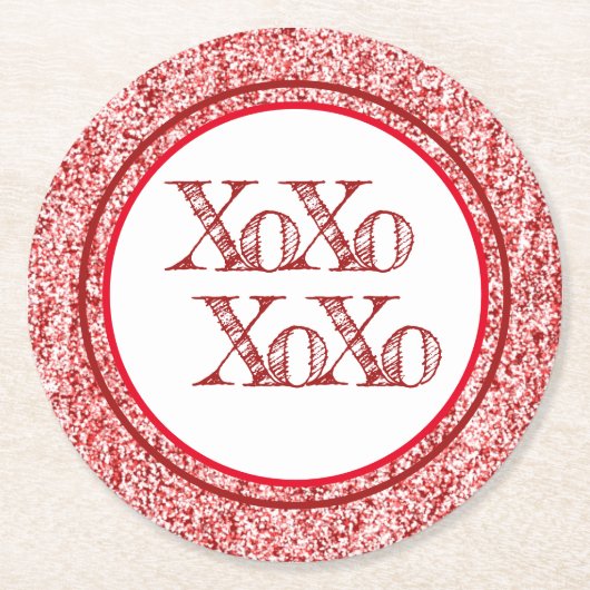 Red Glitzer XOXO Runder Pappuntersetzer (Vorderseite)