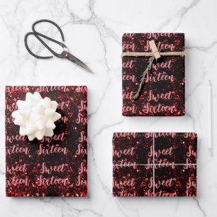 Red Glitzern Sweet 16 Skriptmuster Geschenkpapier Set