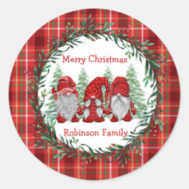 Red Gnomes Christmas Holly Berry Wreath Runder Aufkleber