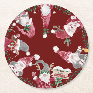 Red Gnomes Christmas Watercolor Gray Holly Foliage Runder Pappuntersetzer