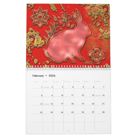 Red Gold 2023 Jahr des Kaninchen Chinesisches Neuj Kalender (Feb 2026)